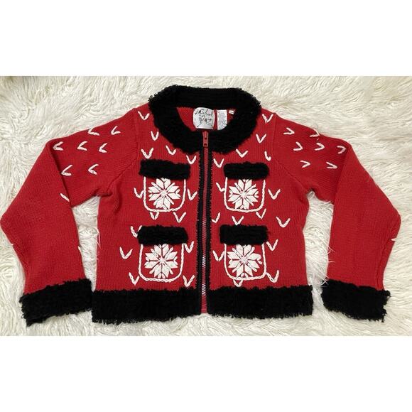 Michael Simon Red Zipper Cardigan Cropped Sweater Snowflake Medium vintage 90s - Picture 1 of 4
